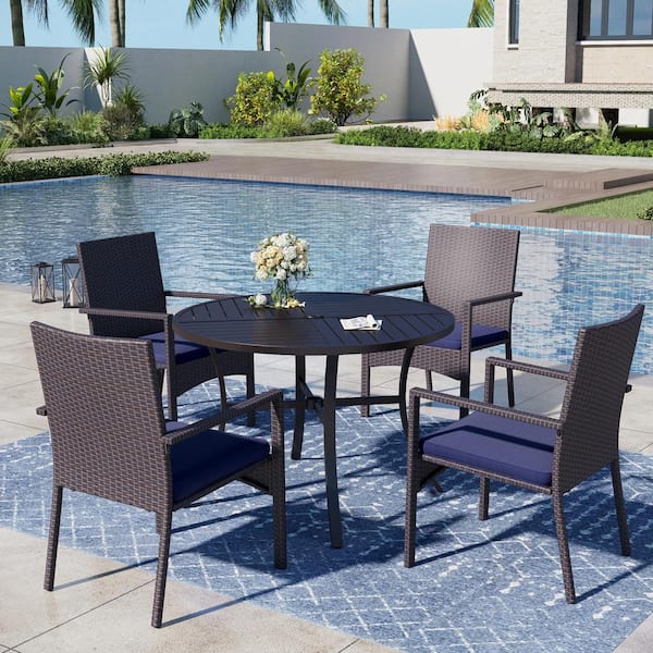 PHI VILLA 5-Piece Metal Patio Outdoor Dining Set with Round Table and Rattan Stationary Chair with Blue Cushion