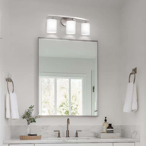 22 in. 3-Light Nickel Modern Cylinder Vanity Light for Bathroom or Bedroom with Curved Arms and Milk White Glass Shades