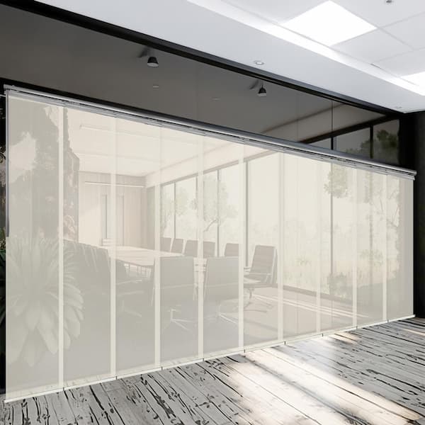 EMOH Ivory Mesh 120 in. - 218 in. W x 116 in. L Adjustable 10-Panel Satin Nickel Double Rail Panel Track with 23.5 in. Slates