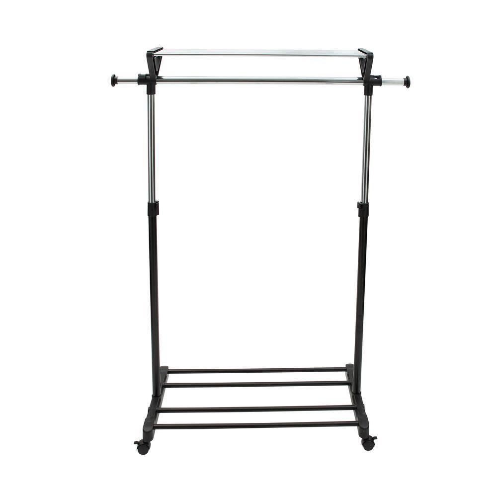 Adjustable Black and Chrome Steel Garment Rack with Shelves
