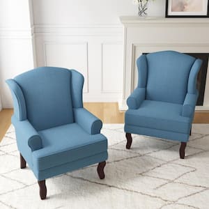 Sky Blue Linen Rubber Wood Legs Upholstered Accent Arm Chair with Wingback(Set of 2)