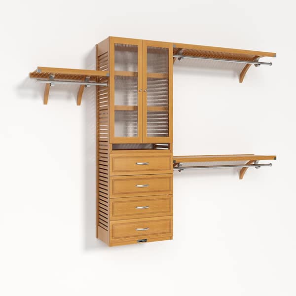 72 in. W - 120 in. W Honey Maple Walk in with 4 Drawers and Glass Door 16 in. Shelf Wood Closet System
