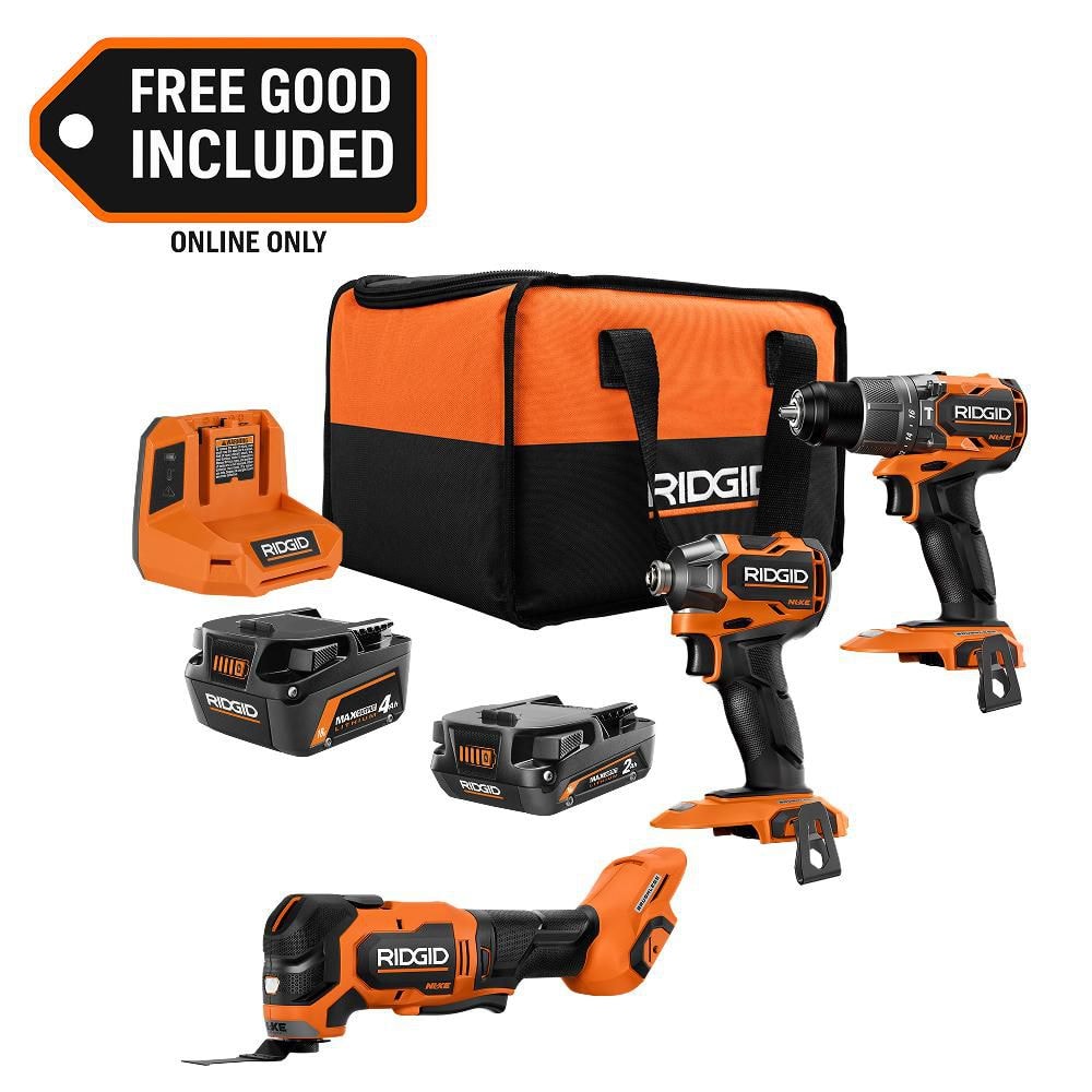 Ridgid 18V NUKE SubCompact Brushless 2-Tool Combo Kit, MAX Batteries with 18V NUKE SubCompact Brushless Multi-Tool