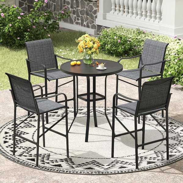 5-Piece Black Metal Round Outdoor Bistroor Set with Curved Armrests for Lawn Garden