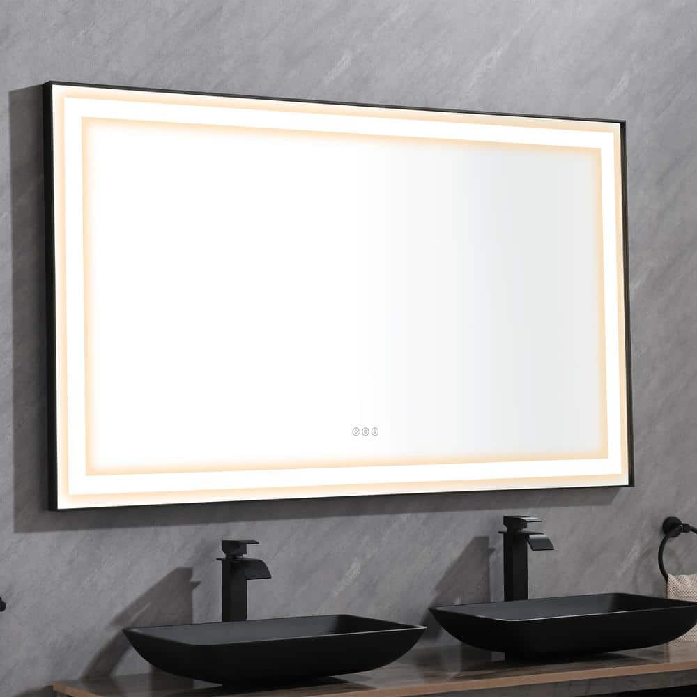 FUNKOL 60 in. W x 36 in. H Matt Black Rectangular Aluminium Framed LED