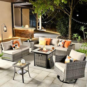 Tahoe Grey 9-Piece Wicker Outdoor Patio Fire Pit Conversation Sofa Set with a Swivel Rocking Chair and Beige Cushions