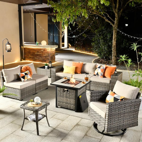 HOOOWOOO Tahoe Grey 9-Piece Wicker Outdoor Patio Fire Pit Conversation Sofa Set with a Swivel Rocking Chair and Beige Cushions