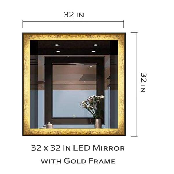 Dreamwerks 32 in. W x 32 in. H Framed Square LED Light Bathroom Vanity Mirror in Gold
