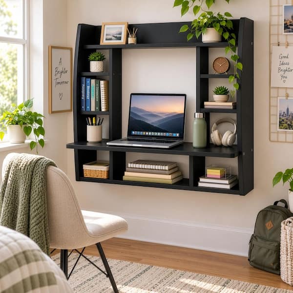 44 in. Rectangular Black Floating Desk with Shelves
