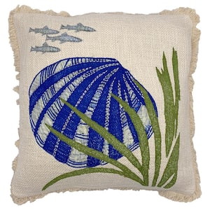 Blue Shell Embroidery with Fringe Polyfill 18 in. x 18 in. Square Throw Pillow