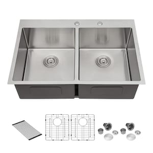 16-Gauge Stainless Steel 33 in. Double Bowl Drop-In Kitchen Sink with Strainer and Bottom Grid