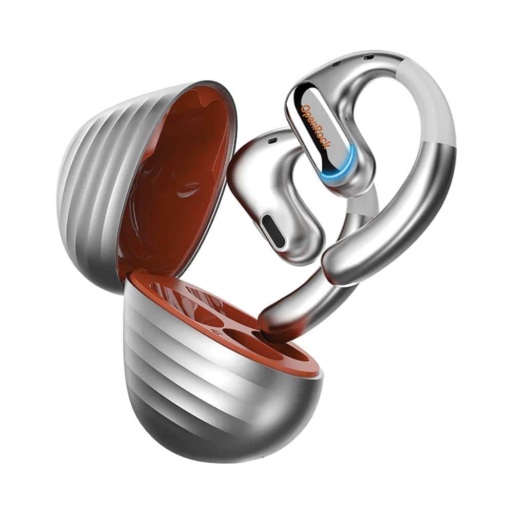 Silver Metallic Wireless Bluetooth Open Earbuds and In-Ear with Microphone 