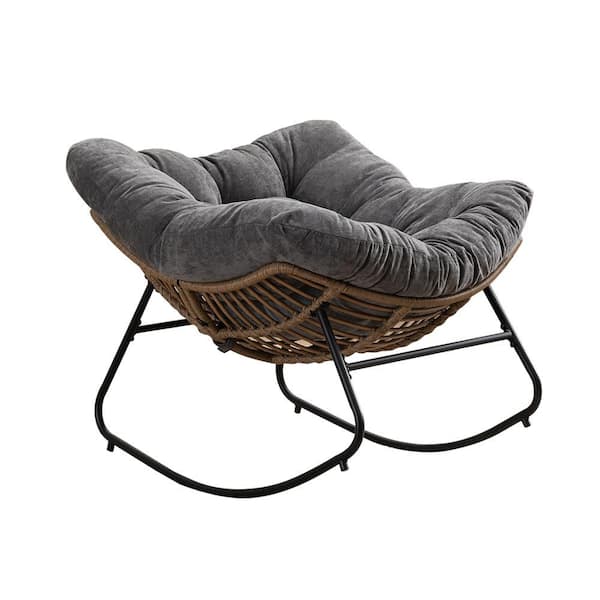 Black Metal Outdoor Rocking Chair, Modern Nursery Chair with Gray Cushions