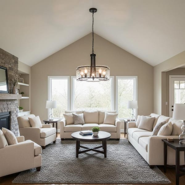 5-Light Black Drum Glass Pendant Light, Modern Ceiling Light Chandelier for Dining Table, Bedroom