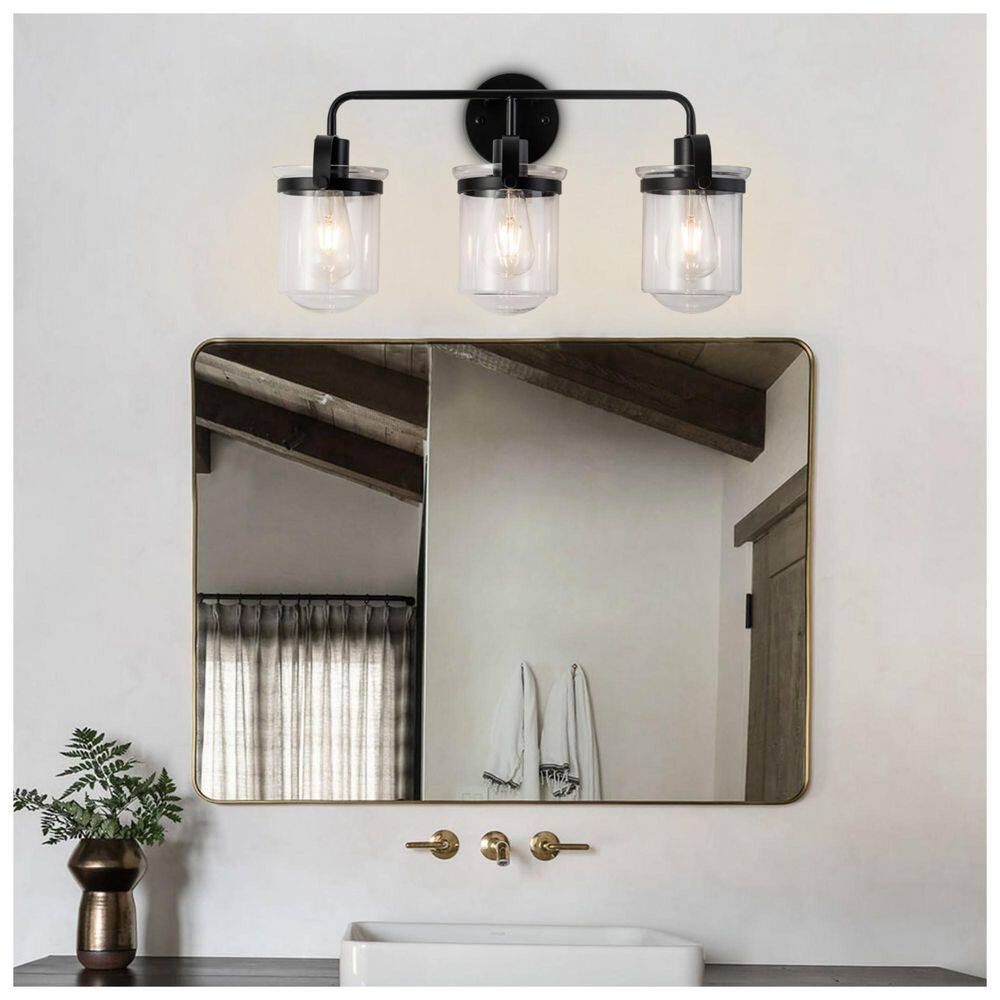 22.44 in. 3-Light Matte Black Industrial Vanity Light Wall Sconce with Clear Glass Shade, E26 Socket (No Bulb) price history on PriceWatchPro