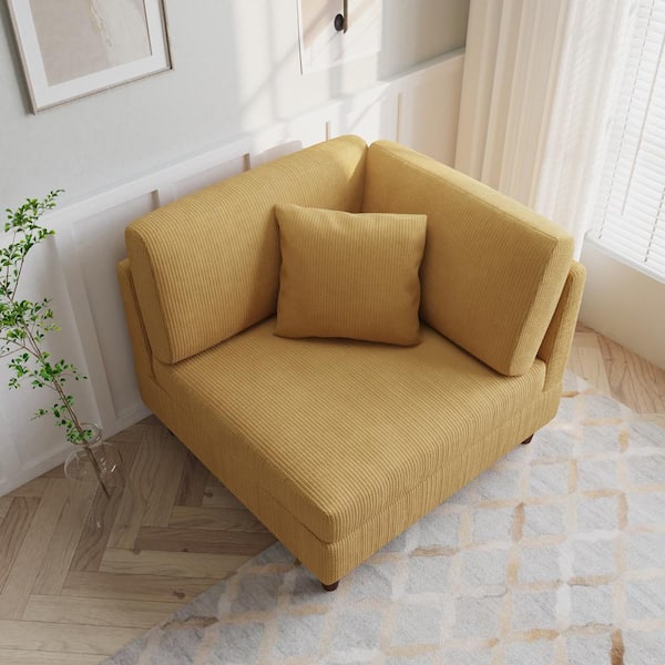 Orange Corduroy Fabric Right Arm Facing Sectional Corner Arm Chair with Wood Legs Set of 1
