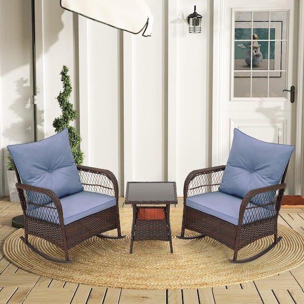 HOMMOW 3-Piece Outdoor Rattan Rocking Chairs Set, PE Wicker Patio Conversation Set with Tempered Glass Coffee Table, Blue