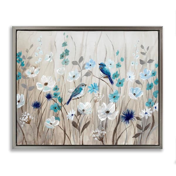 Stupell Industries Birds Floral Meadow Blossoms by Nan 1-Piece Gray Floater Frame Nature Graphic Art Print 25 in. x 31 in.