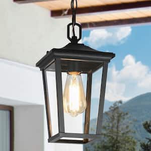 Modern Black Outdoor Pendant 1-Light Coastal Hanging Lantern with Clear Glass Shade for Covered Gazebo Front Door