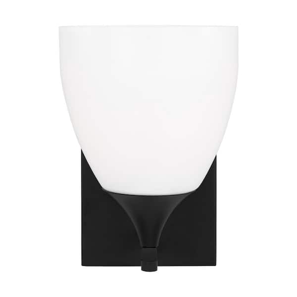 SCOTT LIVING Toffino 6 in. W x 8.875 in. H 1-Light Midnight Black Bathroom Wall Sconce with Milk Glass Shade