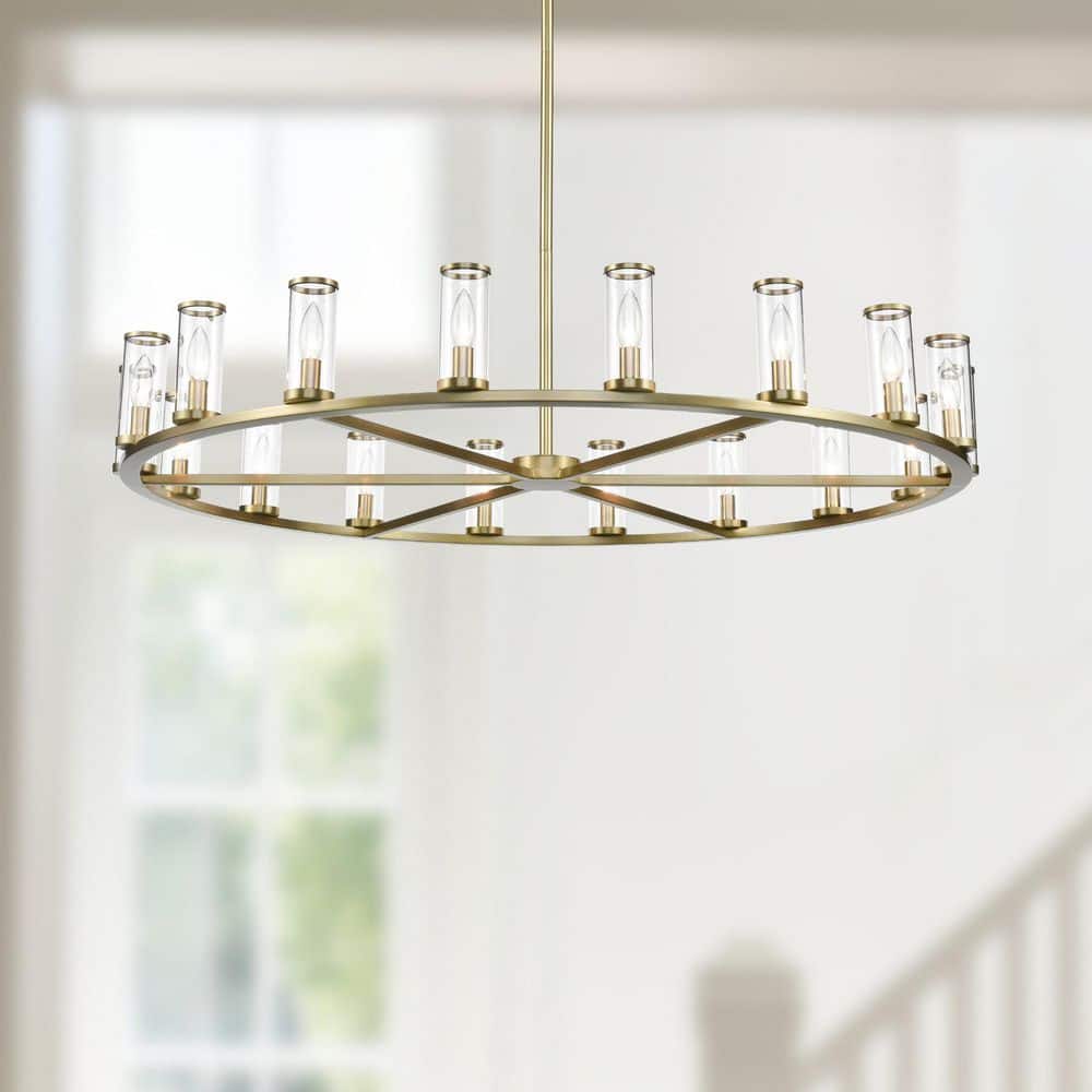 Natural Brass and Clear Crystal 18-Light Round Chandelier