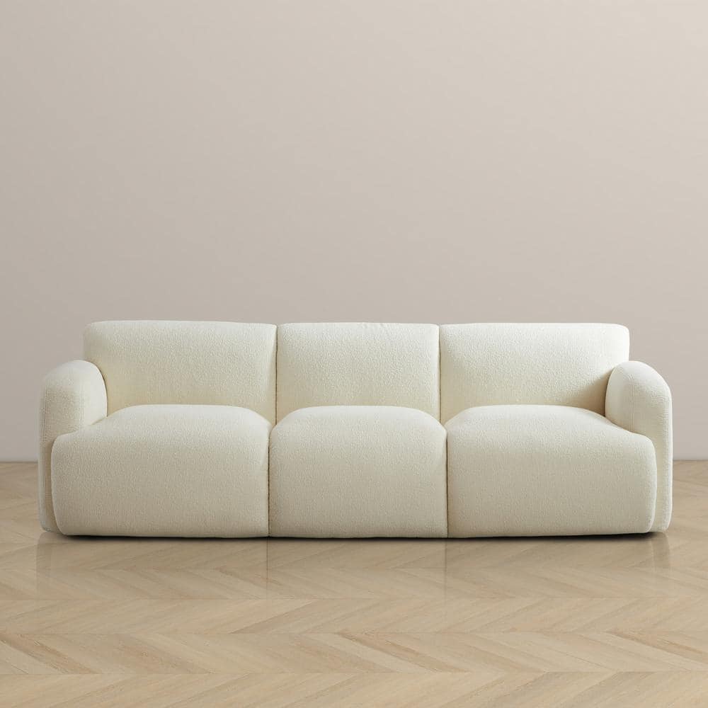 Cream Boucle Fabric Mid-Century Modern 90.6" Sofa with Solid Wood Base