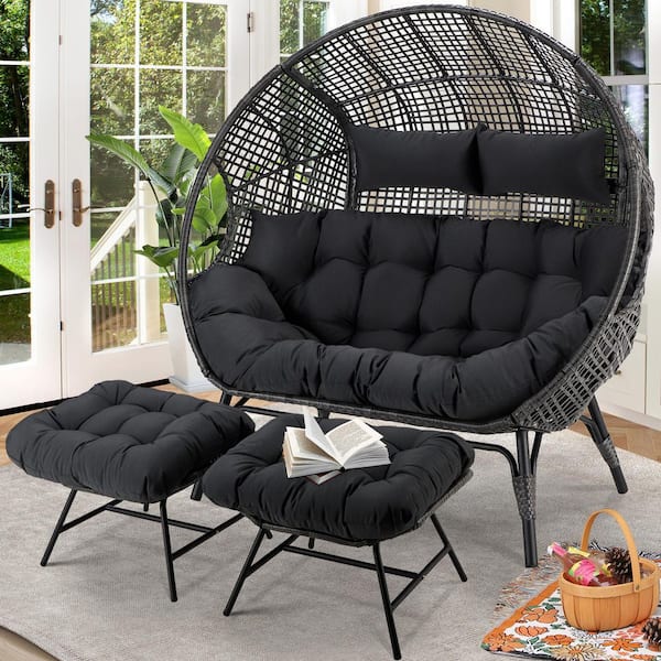 2-Person Gray Double PE Wicker Outdoor Lounge Egg Chair with Gray Cushion and 2 Pcs Ottoman
