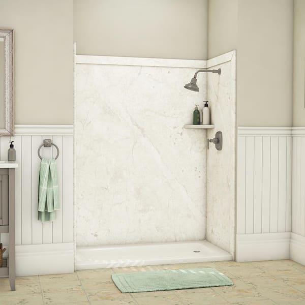 FlexStone Royale 36 in. x 60 in. x 80 in. 11-Piece Easy Up Adhesive Alcove Bathtub/Shower Wall Surround in Botticino Cream