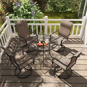 5-Piece Steel Textiliene Swivel Chair Round Table 29.5 in. Height Outdoor Dining Set with Umbrella Hole