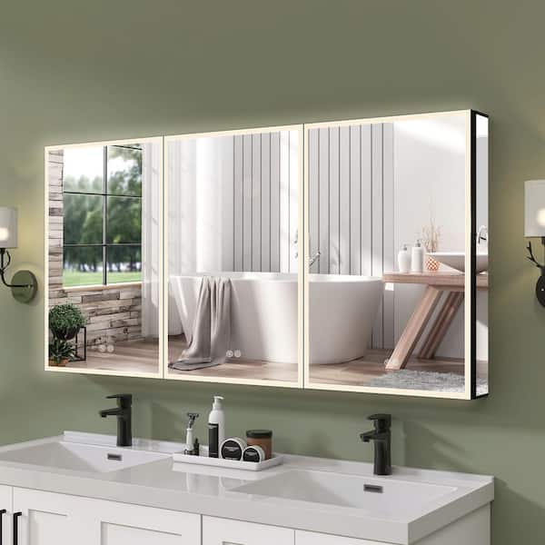 Getpro Lume 60 in. W x 30 in. H Rectangular Black Aluminum Recessed/Surface Mount Smart LED Medicine Cabinet with Mirror