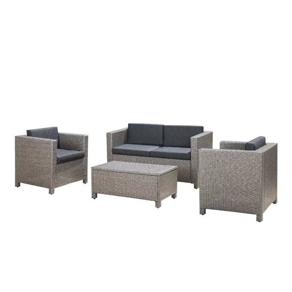 AUTMOON 4-Piece Wicker Outdoor Patio Conversation Set With Black Cushions