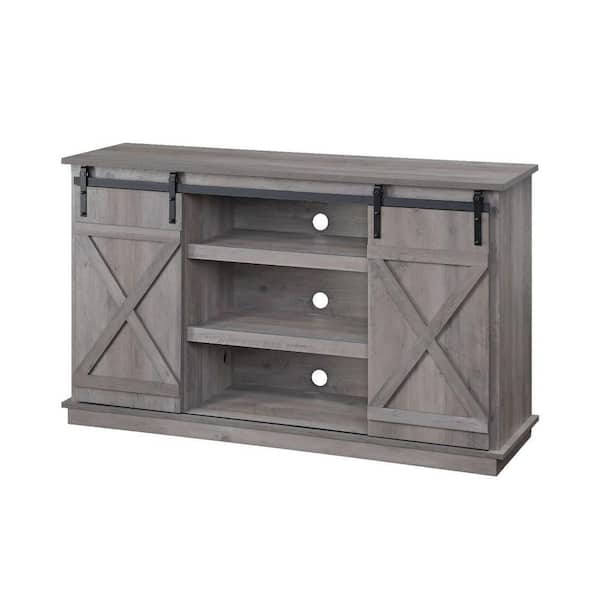 Benjara 54 in. Gray Wood TV Stand Fits TVs up to 60 in. with 2 Sliding Bar Doors