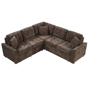 82.6 in. L Shaped Velvet Pull-out Sectional Sofa Bed in Brown with Wheels, USB Ports and Power Sockets