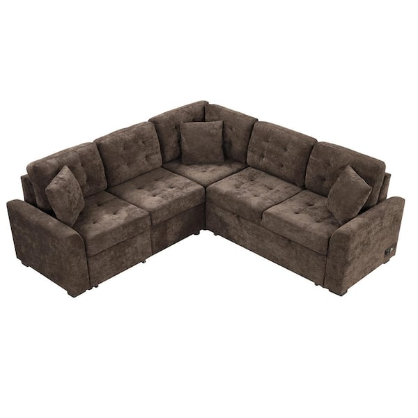 Nestfair 82.6 in. L Shaped Velvet Pull-out Sectional Sofa Bed in Brown with Wheels, USB Ports and Power Sockets