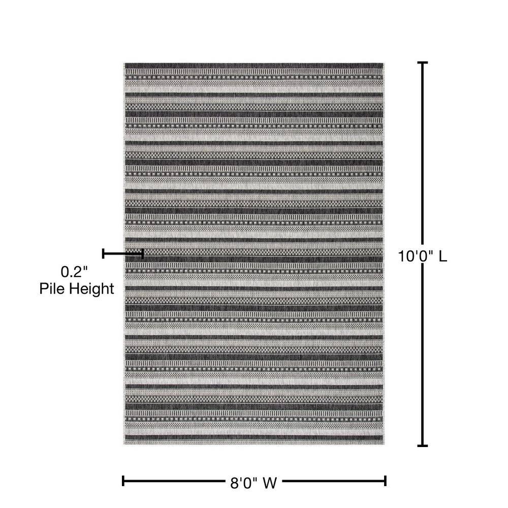 Black and Gray Striped 8' x 10' Synthetic Indoor/Outdoor Rug