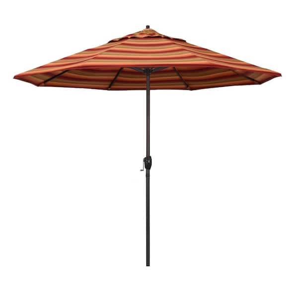 California Umbrella 9 ft. Bronze Aluminum Market Auto-tilt Crank Lift Patio Umbrella in Astoria Sunset Sunbrella