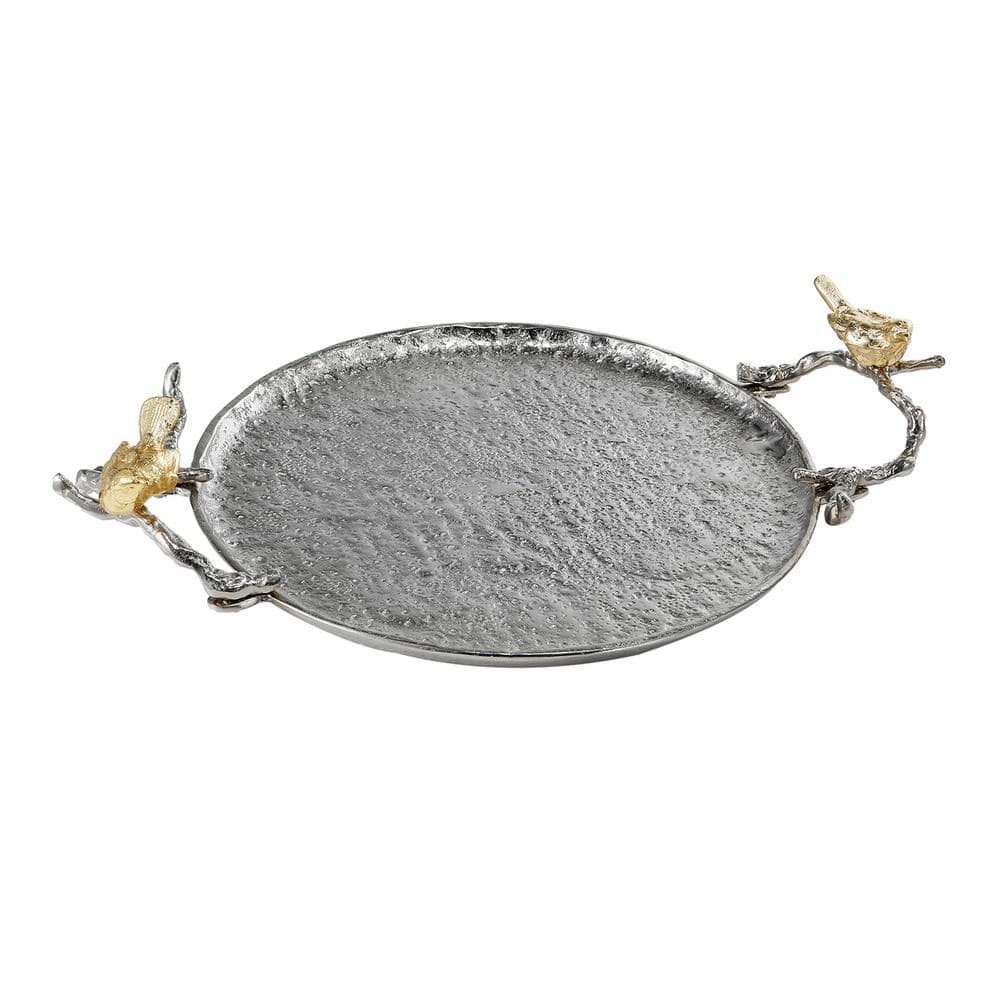 Round Silver Aluminum Serving Tray with Gold Bird Handles