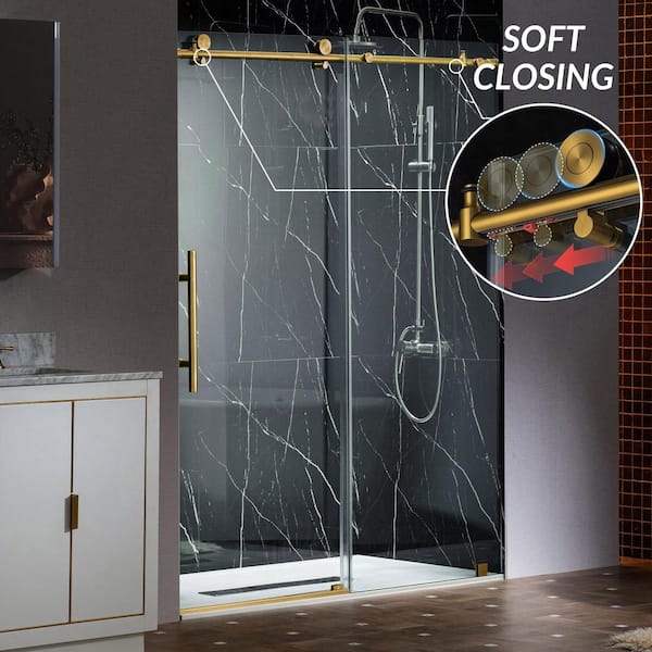 WOODBRIDGE 48 in.W x 76 in. H Sliding Frameless Shower Door with Soft Close System and 3/8 in. Clear Glass in Brushed Gold