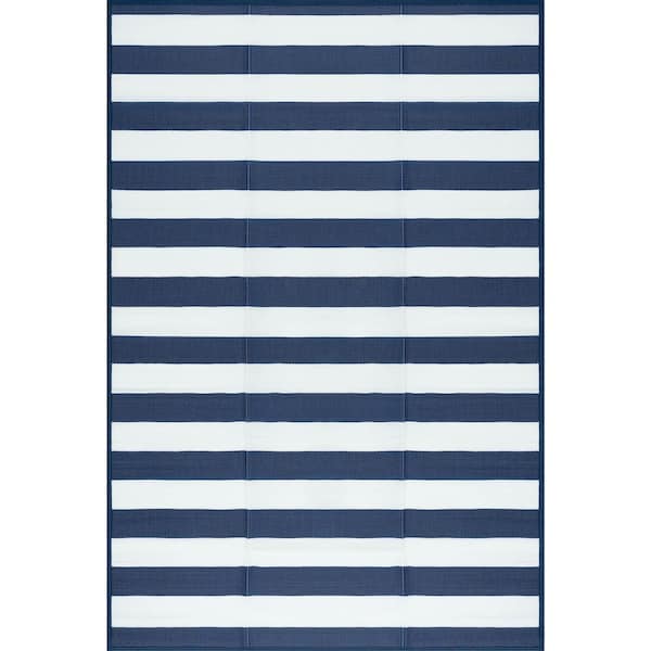 Tayse Rugs Luna Navy 9 ft. x 12 ft. Stripes Indoor/Outdoor Area Rug