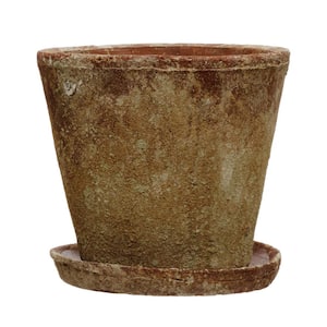 9.62 in. W x 9.25 in. H Large Round Distressed Terracotta Round Cement Decorative Pot with Saucer