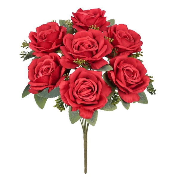 LIVING LUXURY 17 in. Deluxe Red Artificial Elegant Rose Flower Stem Bush Bouquet (Set of 2)