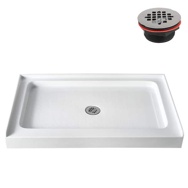 48 in. L x 30 in. W Alcove Acrylic Shower Pan Base in Glossy White with Center Drain, Drain Included