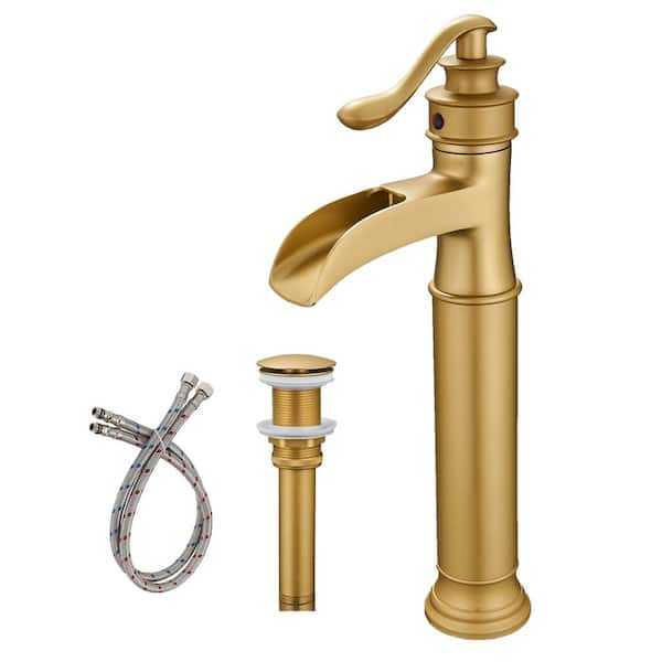 BWE Waterfall Single Hole Single-Handle Vessel Bathroom Faucet With Pop-up Drain Assembly in Brushed Gold
