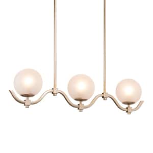 3-Light Satin Gold Island Farmhouse Chandelier with Globe Frosted Glass Shades Perfect for Kitchen and Dining Spaces