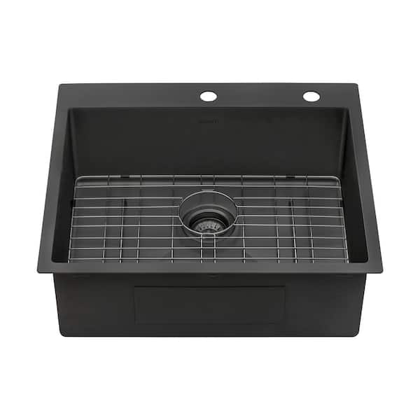 Ruvati Terraza Gunmetal Black Stainless Steel 25 in. x 22 in. Single Bowl Drop-In Kitchen Sink ...