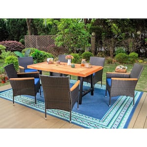 Black 7-Piece Metal Patio Outdoor Dining Set with Rectangle Table and Rattan Chairs with Blue Cushion