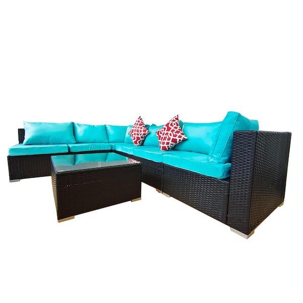 GOSHADOW Black 7 pieces Wicker Patio Conversation Sectional Seating Set with 2 Pillow and Blue Cushions