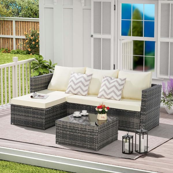Sudzendf Gray 2-Piece Wicker L- Shaped Patio Conversation Set with Beige Cushions, Ottoman and Detachable Table