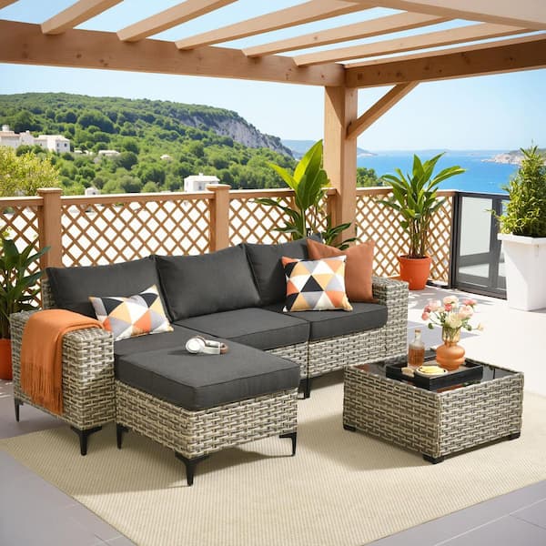5-Piece Gray Wicker Outdoor Sectional Set Patio Conversation Seating Sofa Set with Black Cushion for Backyard