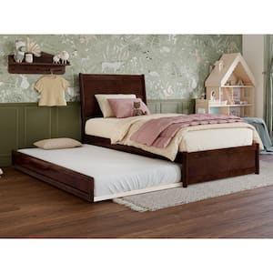 Casanova Walnut Brown Solid Wood Frame Twin Platform Bed with Panel Footboard and Twin Trundle